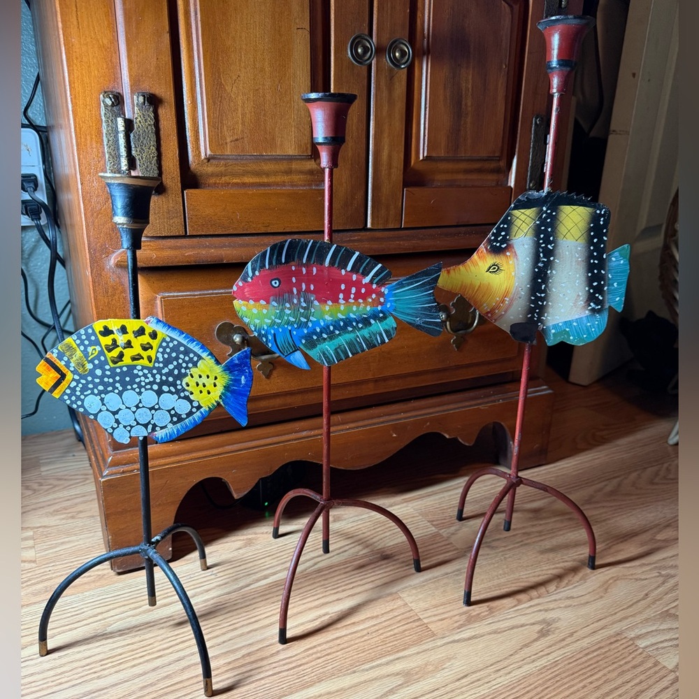 Folk Art Fish Candle Holder Metal Stand
Coastal Decor ,Hand Painted
